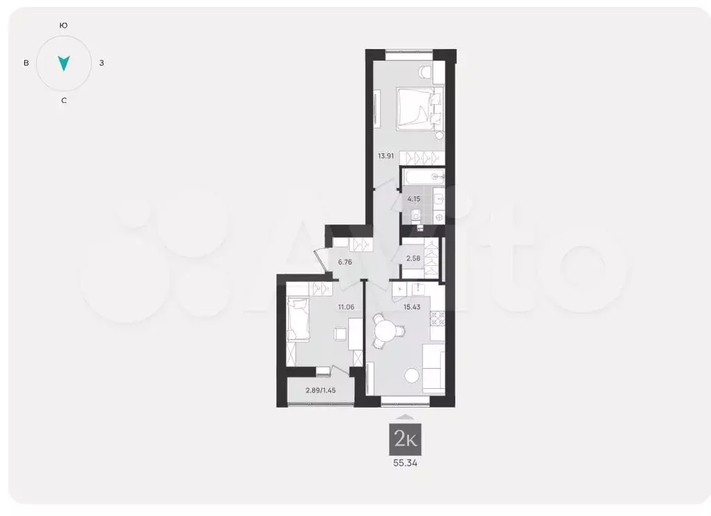 2-к. квартира, 59,5 м, 8/9 эт. - Фото 1