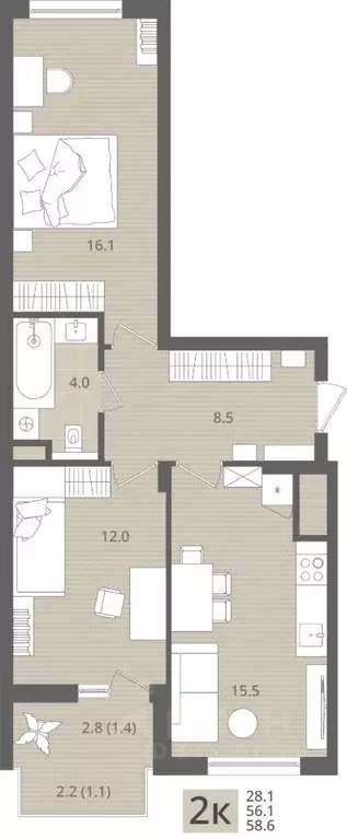 2-к кв. Калининградская область, Пионерский пос. Рыбное,  (58.6 м) - Фото 1