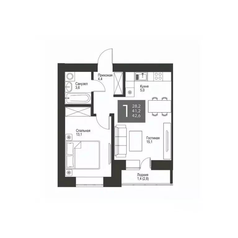1-к кв. Татарстан, Альметьевск ул. Гафиатуллина, 60 (42.6 м) - Фото 0