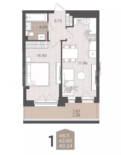 1-к. квартира, 48,1 м, 2/9 эт. - Фото 1