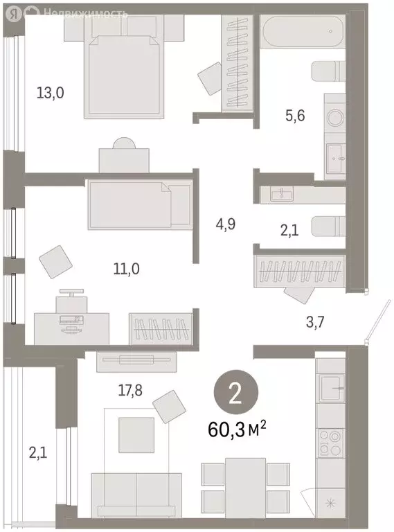 2-комнатная квартира: Тюмень, улица Республики, 205к1 (60.7 м) - Фото 2