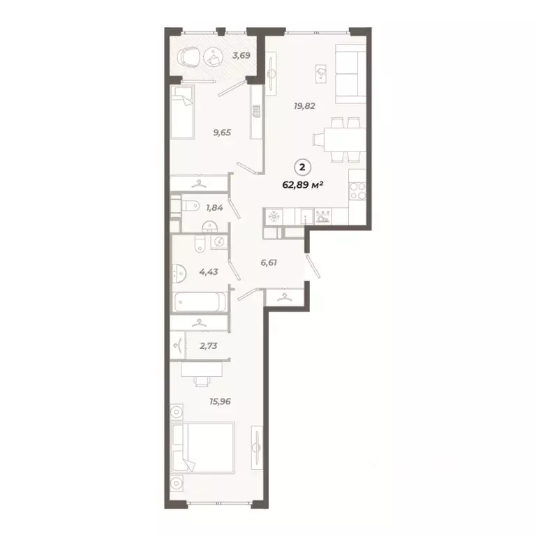 2-к кв. Санкт-Петербург ул. Коли Томчака, 21Д (62.89 м) - Фото 0