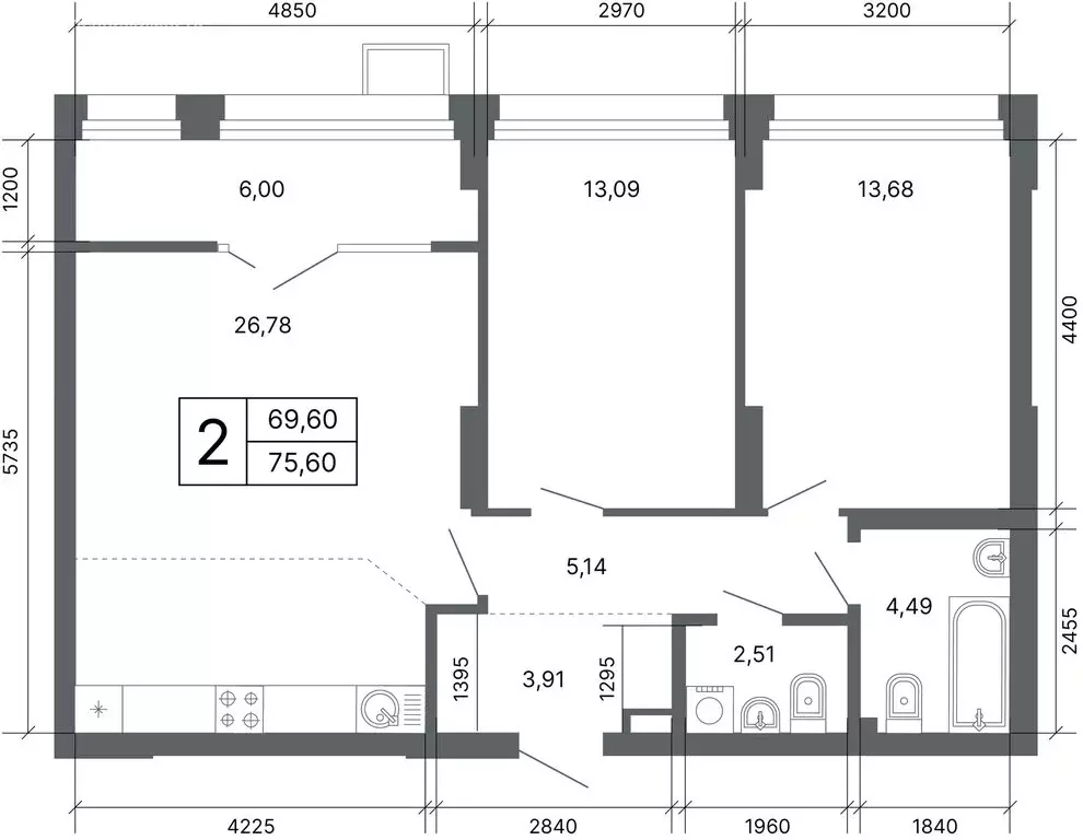2-комнатная квартира: Екатеринбург, улица Мира, 47/7 (75.4 м) - Фото 1