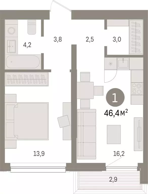 1-комнатная квартира: Тюмень, Мысовская улица, 26к1 (46.4 м) - Фото 0