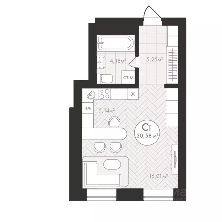 Студия Башкортостан, Уфа Южный-2 мкр,  (30.58 м) - Фото 1