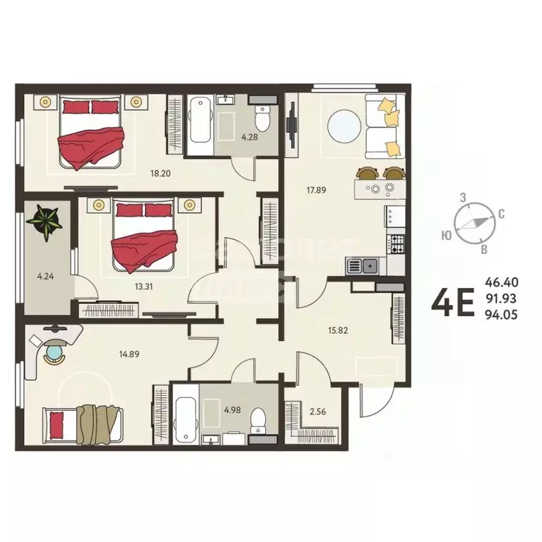 3-к кв. Курская область, Курск ул. Энгельса, 115 (94.05 м) - Фото 2