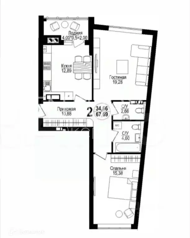 2-к кв. Калининградская область, Калининград проезд Крымский, 2 (71.0 ... - Фото 2