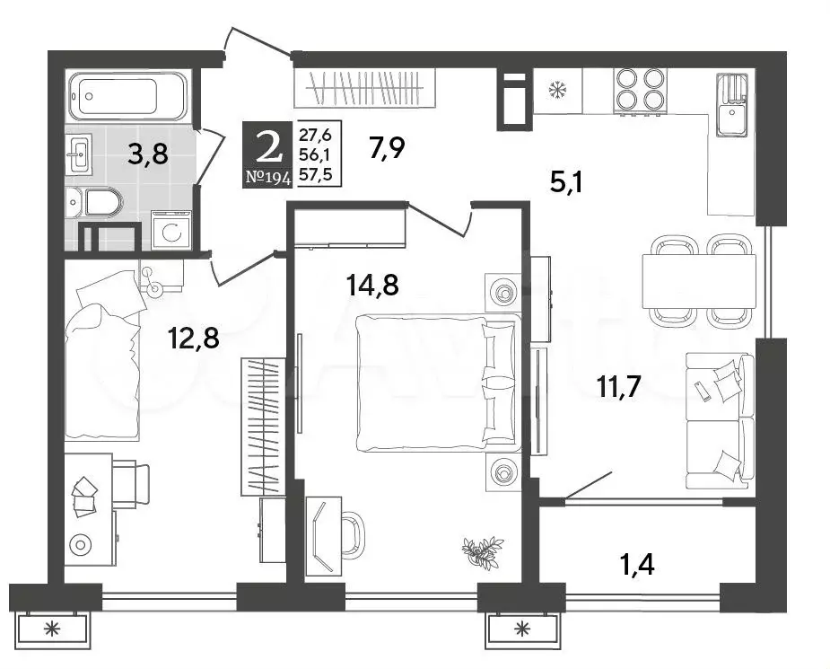 2-к. квартира, 57,5 м, 15/18 эт. - Фото 1