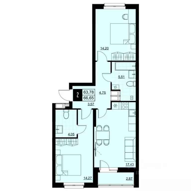 2-к кв. Самарская область, Самара Южное ш., 7А (65.22 м) - Фото 1