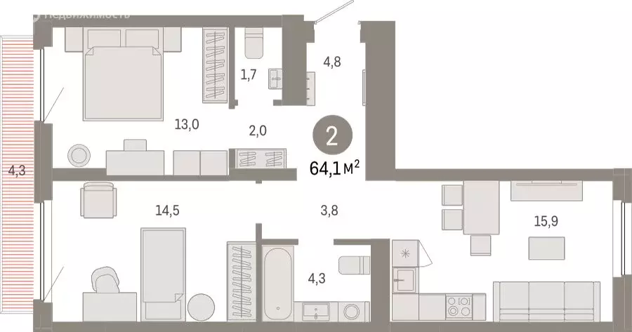 2-комнатная квартира: Новосибирский район, рабочий посёлок Краснообск, ... - Фото 1