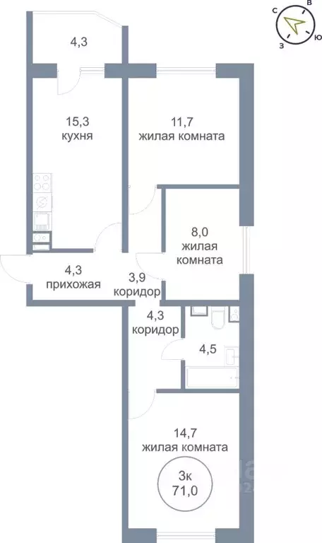 3-к кв. Ханты-Мансийский АО, Нефтеюганск 4-й мкр, 4к1 (71.0 м) - Фото 0