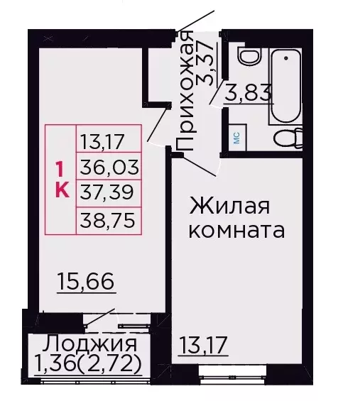 1-к квартира, 37.39 м - Фото 0