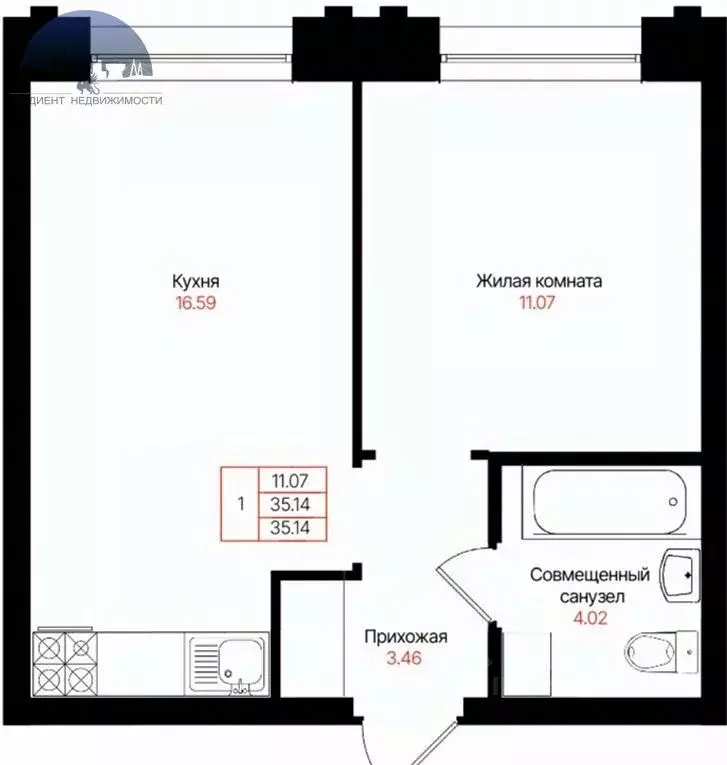 1-к кв. Татарстан, Казань  (35.14 м) - Фото 2