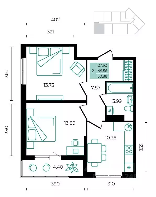 2-к кв. Адыгея, Майкопский район, пос. Тульский ул. Заречная (50.88 м) - Фото 0