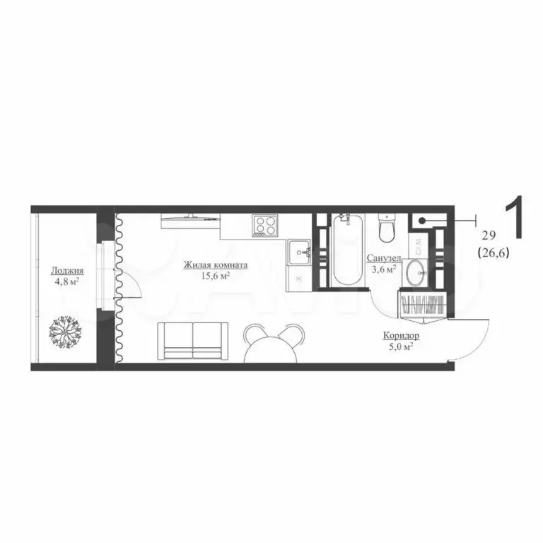 Квартира-студия, 26,7 м, 1/18 эт. - Фото 0