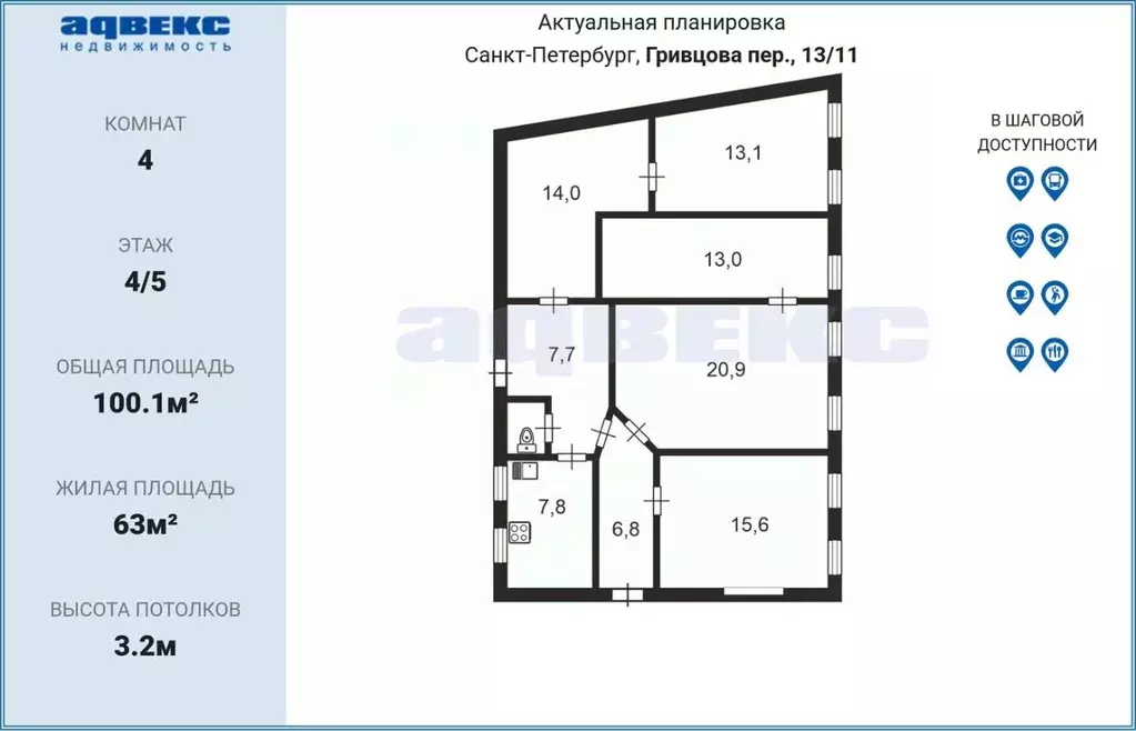 4-к кв. Санкт-Петербург пер. Гривцова, 13/11 (100.1 м) - Фото 2