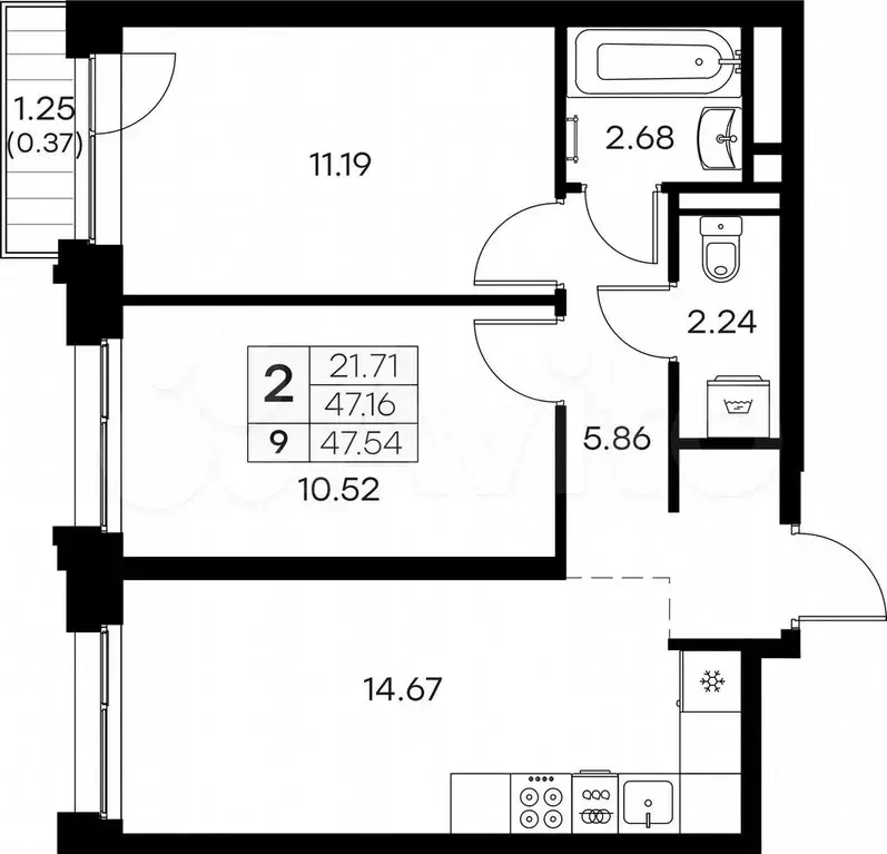 2-к. квартира, 47,5 м, 2/16 эт. - Фото 0
