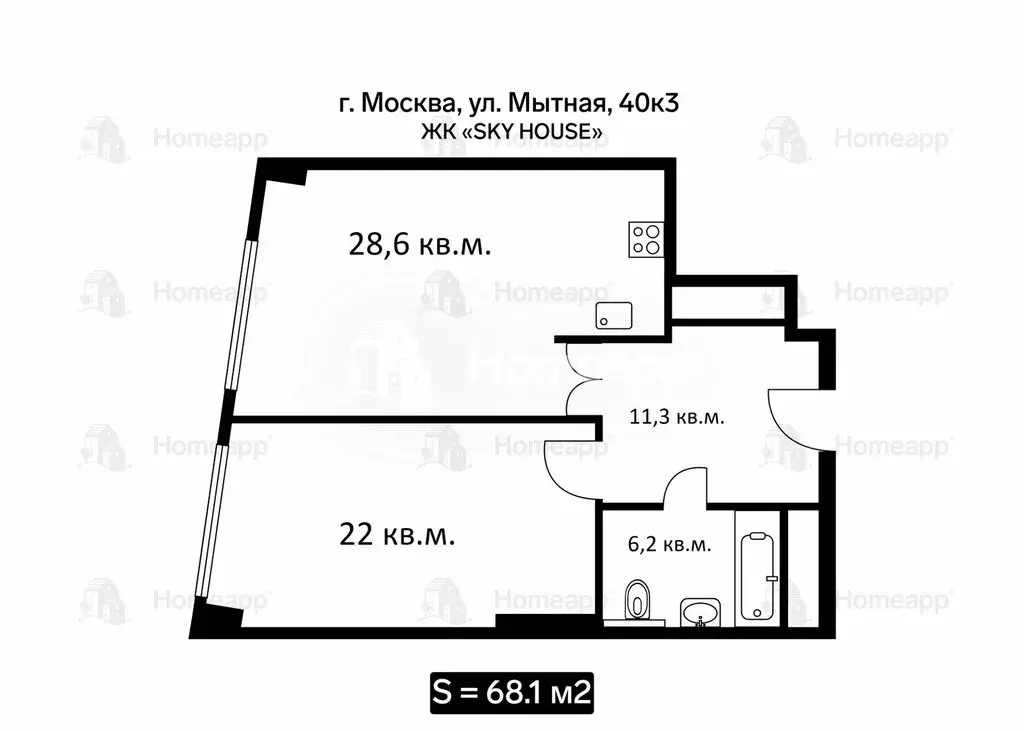 2-комнатная квартира: Москва, Мытная улица, 40к3 (68.1 м) - Фото 0