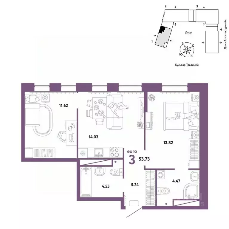 3-к кв. Тюменская область, Тюмень ул. Новоселов, 98 (53.73 м) - Фото 0