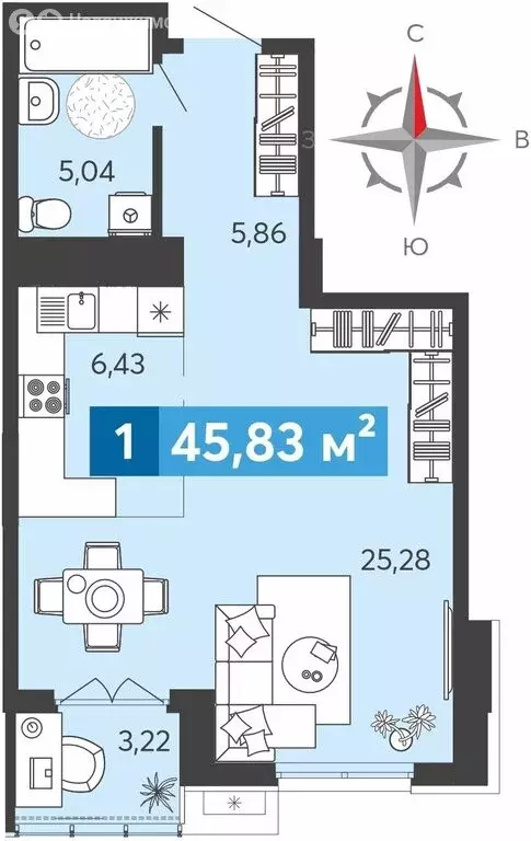 Квартира-студия: Засечное, Прибрежный бульвар, 5 (45.83 м) - Фото 1