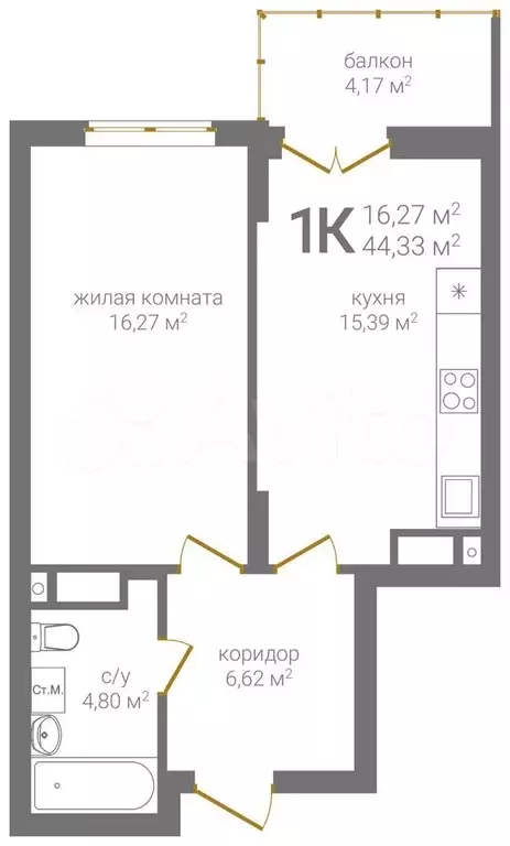 1-к. квартира, 44,3 м, 16/19 эт. - Фото 0