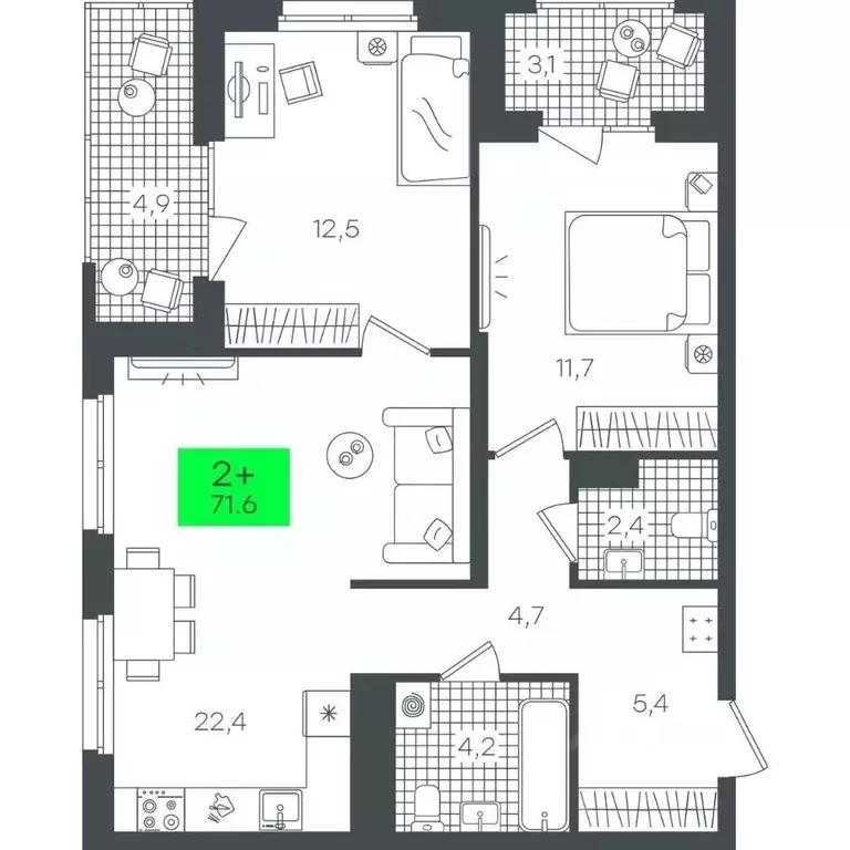 2-к кв. Тюменская область, Тюмень ул. Василия Малкова, 19 (71.63 м) - Фото 0