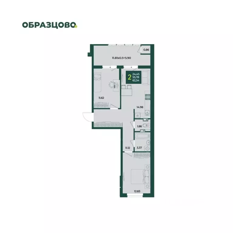 2-к кв. Краснодарский край, Краснодар Образцово мкр,  (62.54 м) - Фото 0