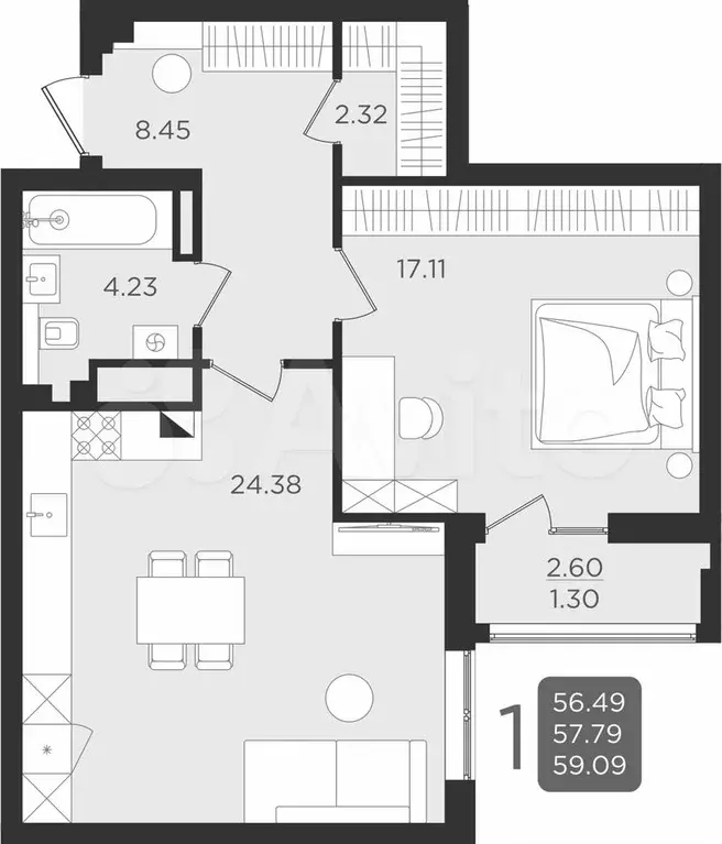 1-к. квартира, 57,8 м, 6/9 эт. - Фото 1