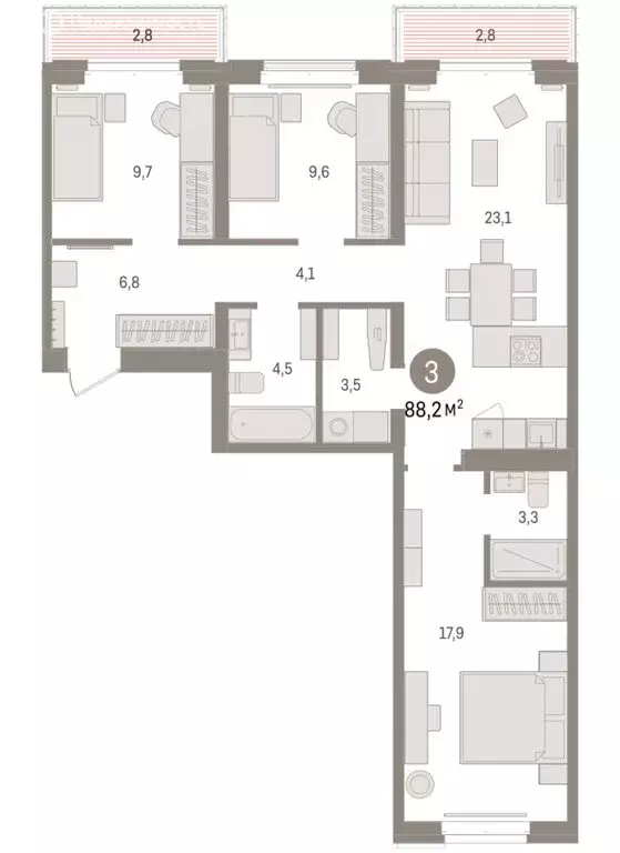 3-комнатная квартира: Тюмень, жилой комплекс На Минской (88.16 м) - Фото 1
