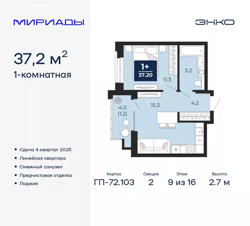 1-комнатная квартира: Тюмень, ЖК Мириады (37.2 м) - Фото 0