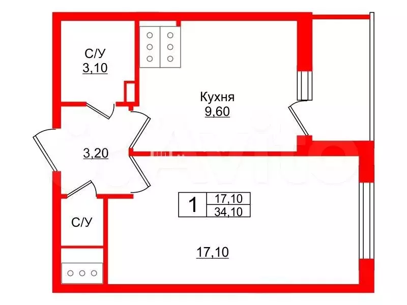 1-к. квартира, 34,1 м, 14/21 эт. - Фото 0