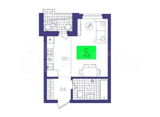 Квартира-студия, 31,9 м, 2/11 эт. - Фото 1