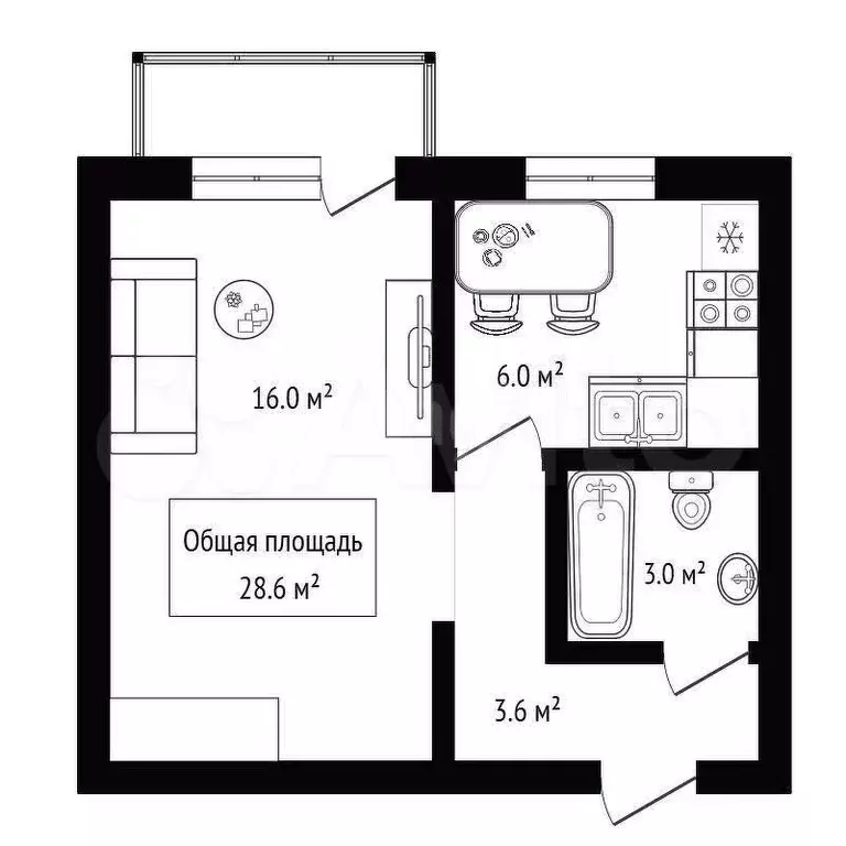 1-к. квартира, 28,6 м, 5/5 эт. - Фото 1