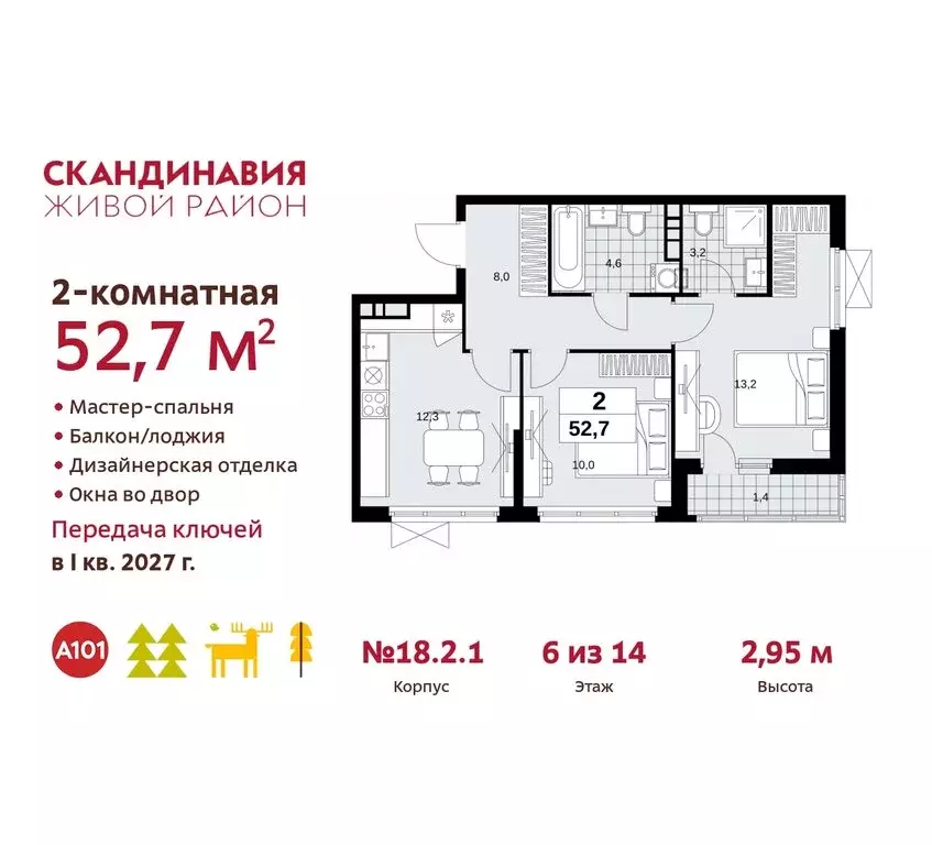 2-комнатная квартира: жилой комплекс Скандинавия, 18.2.2 (52.7 м) - Фото 0