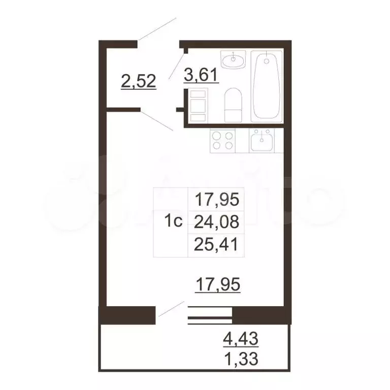 Квартира-студия, 25,4 м, 2/6 эт. - Фото 0