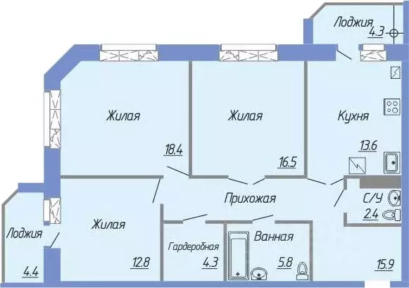 3-к кв. Чувашия, Чебоксары Новый Город мкр, 2-й мкр,  (94.1 м) - Фото 0