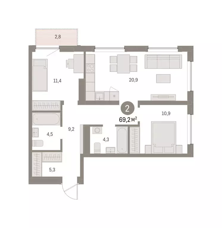 2-комнатная квартира: Екатеринбург, улица Гастелло, 18 (69.24 м) - Фото 2