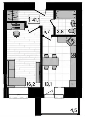 1-к. квартира, 41,1 м, 3/9 эт. - Фото 0