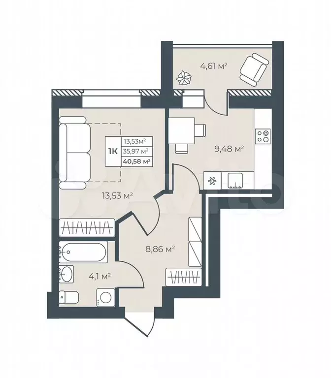 1-к. квартира, 40,6 м, 7/8 эт. - Фото 0