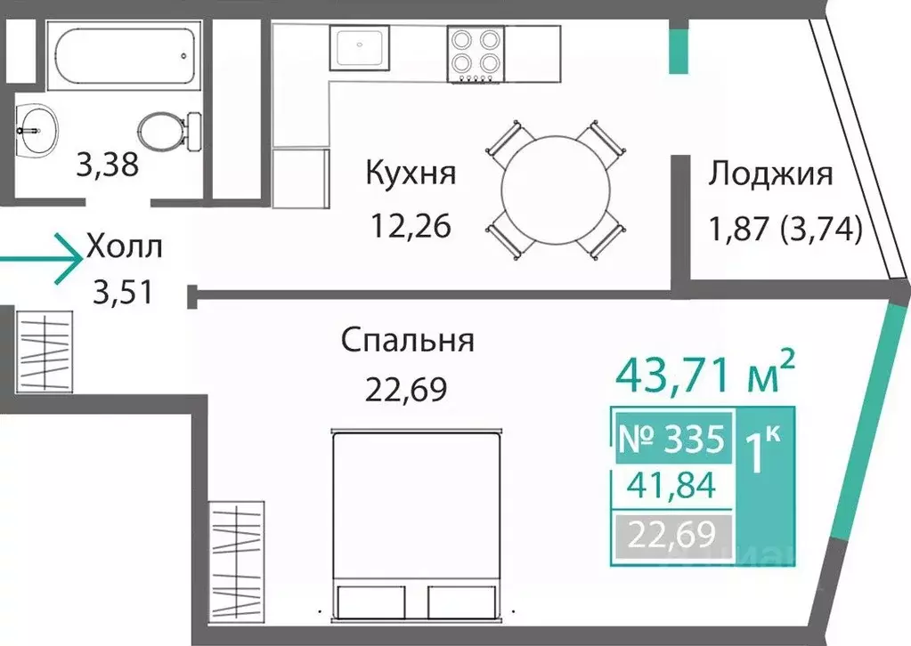 1-к кв. Крым, Симферополь Крымская роза мкр,  (43.71 м) - Фото 0