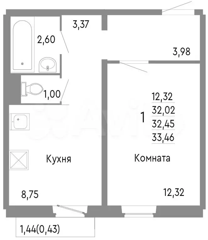 1-к. квартира, 32,5 м, 8/10 эт. - Фото 0