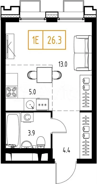 1-к. квартира, 26,3 м, 5/9 эт. - Фото 0