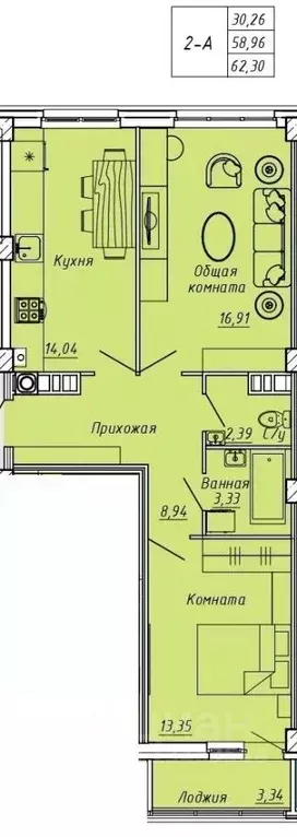 2-к кв. Ивановская область, Иваново Апрельская ул., 95 (62.3 м) - Фото 0
