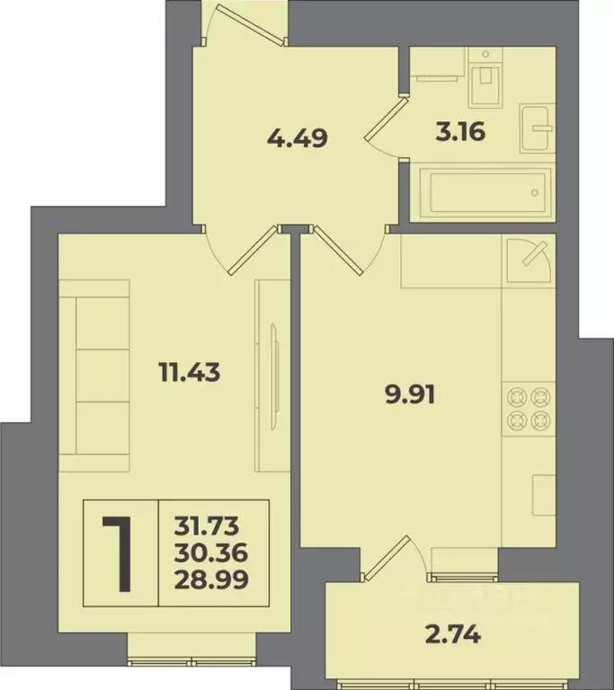 1-к кв. Калининградская область, Калининград Петровский мкр,  (31.73 ... - Фото 1
