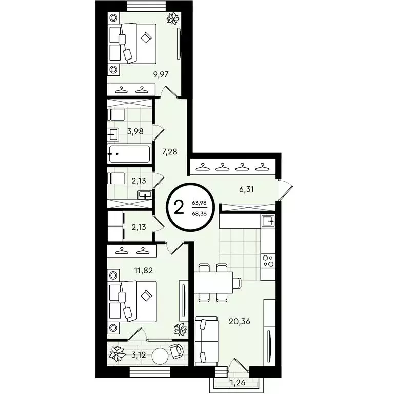 2-комнатная квартира: Тюмень, улица Александра Звягина, 7 (68.36 м) - Фото 0