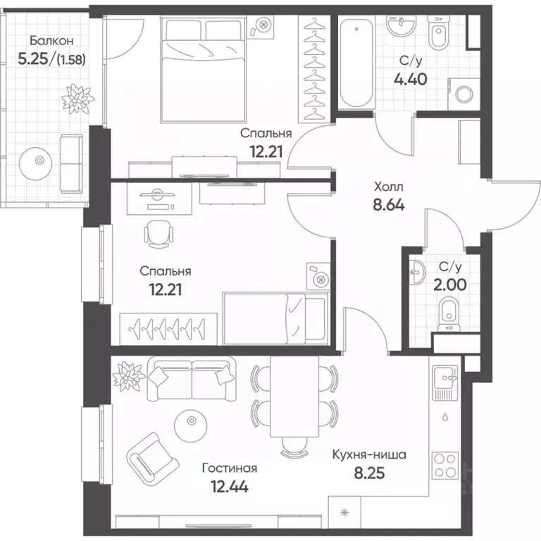 3-к кв. Татарстан, Казань Квартал Сюита жилой комплекс (61.7 м) - Фото 1