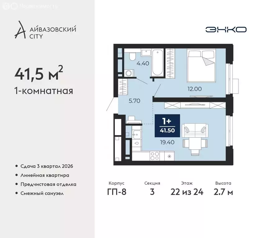 1-комнатная квартира: Тюмень, жилой комплекс Айвазовский Сити (41.5 м) - Фото 0