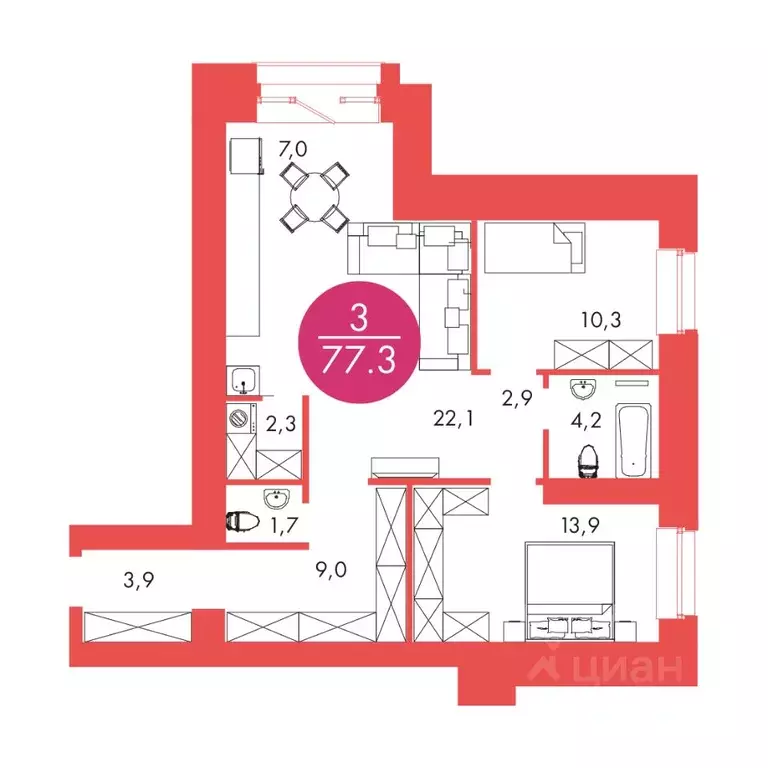 3-к кв. Красноярский край, Красноярск ул. Шахтеров, 33А (77.3 м) - Фото 0