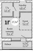 1-к. квартира, 27,3 м, 5/9 эт. - Фото 0