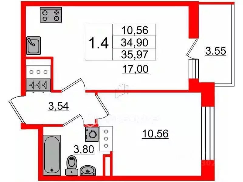 1-к кв. Санкт-Петербург Железнодорожный просп., 14к1 (34.1 м) - Фото 2